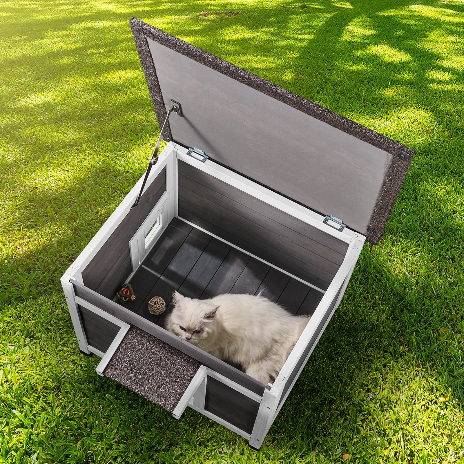 Outdoor Cat House Wooden Feral Cat Shelter With Roof Door Flaps & Window