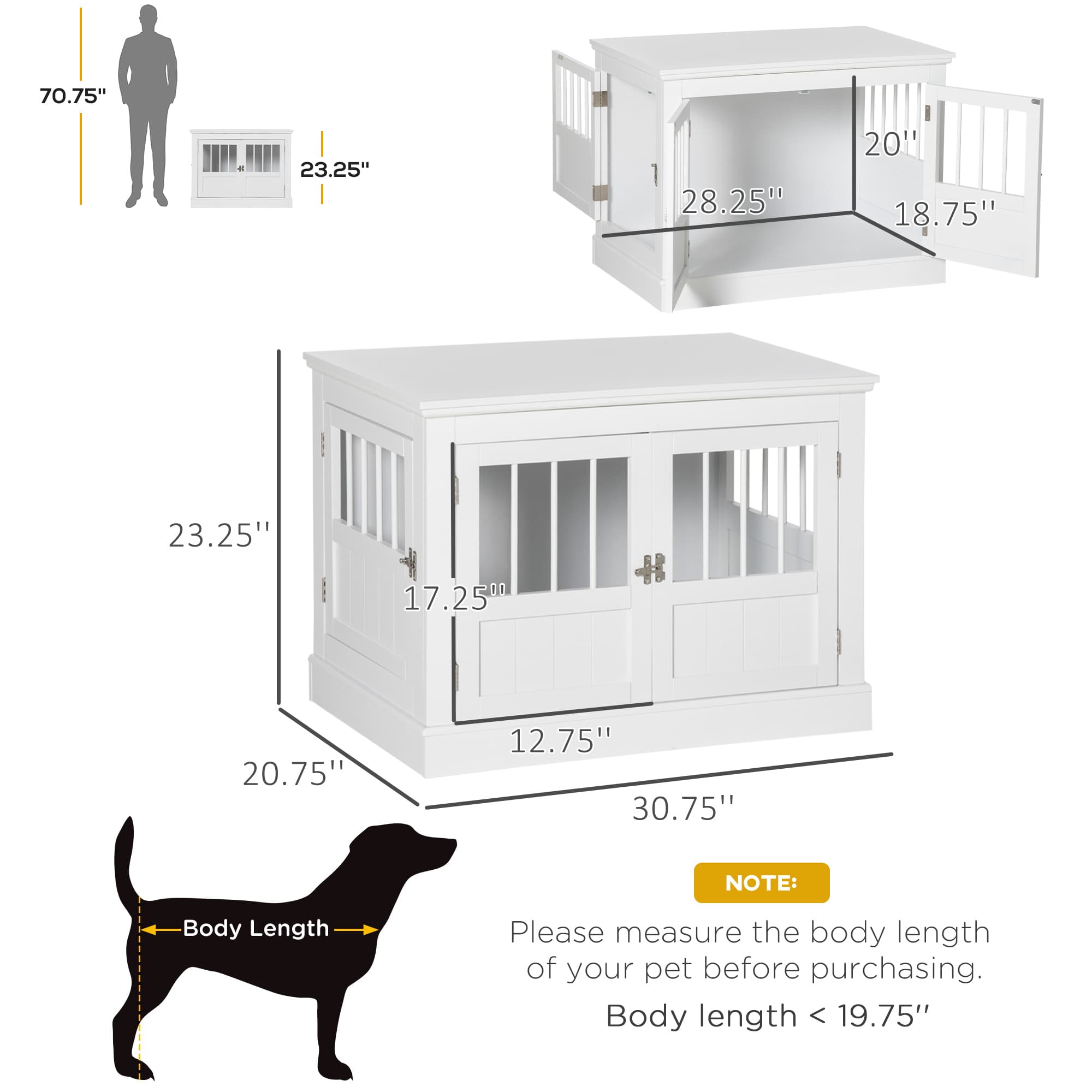 Wooden Dog Crate End Table, Dog Crate Furniture With Triple Doors, Puppy Crate For Small Dogs Indoor Use, White