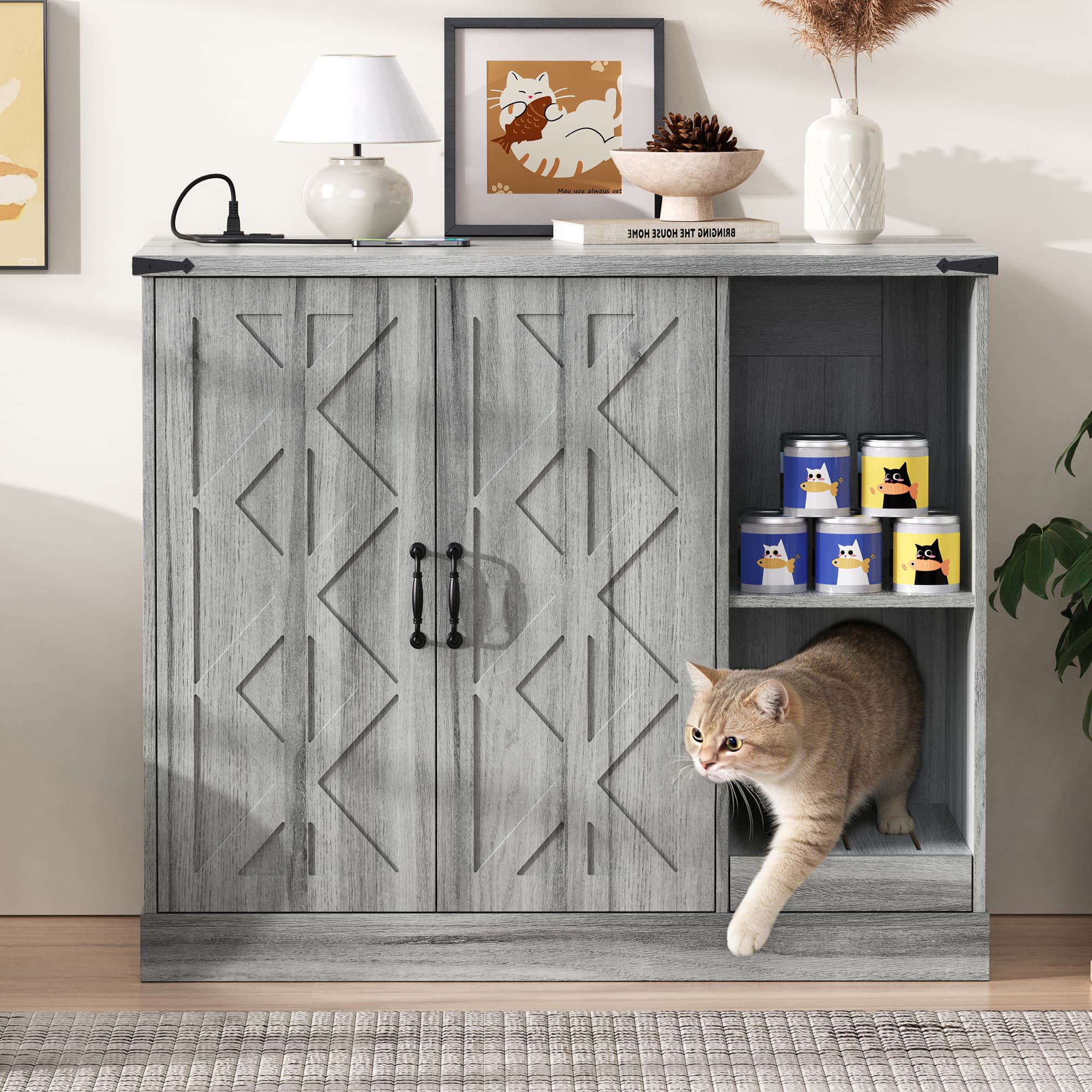 Cat Litter Box Cabinet With Power Outlet, Modern Litter Box Furniture For Large Automatic Litter Boxes, Hidden Litter Box Enclosure With Litter Catcher, Adjustable Storage Shelves, Gray