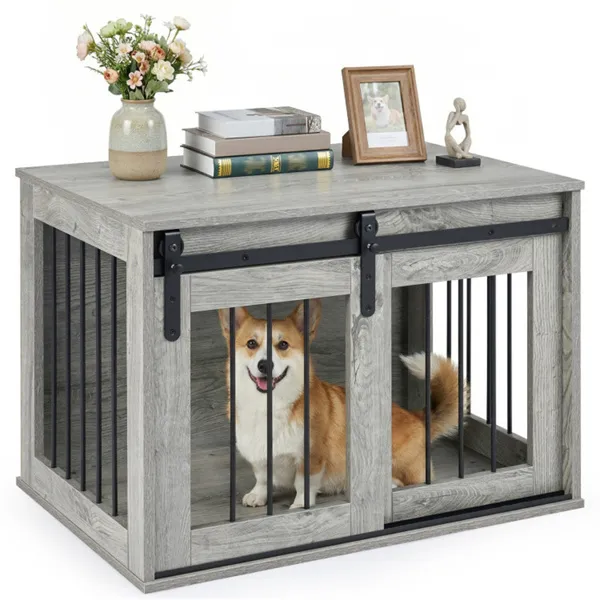 31.5" Dog Crate Furniture With Sliding Barn Door, Wooden Dog Kennel End Table For Indoor Use - Gray
