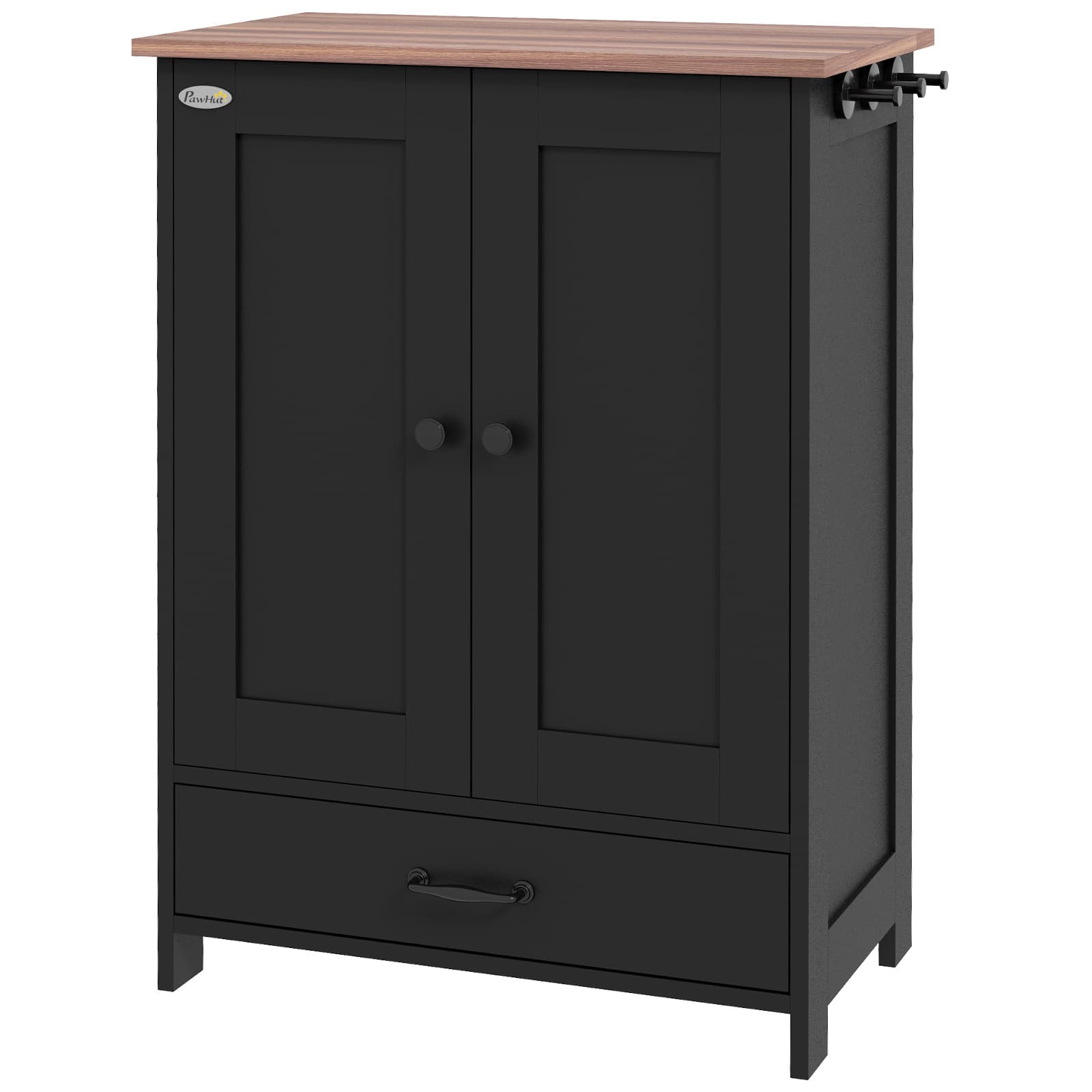 Pet Feeding Station, Dog Food Storage Cabinet w/ Raised Dog Bowls, Adjustable Panel, Hooks for Medium Dogs, Black
