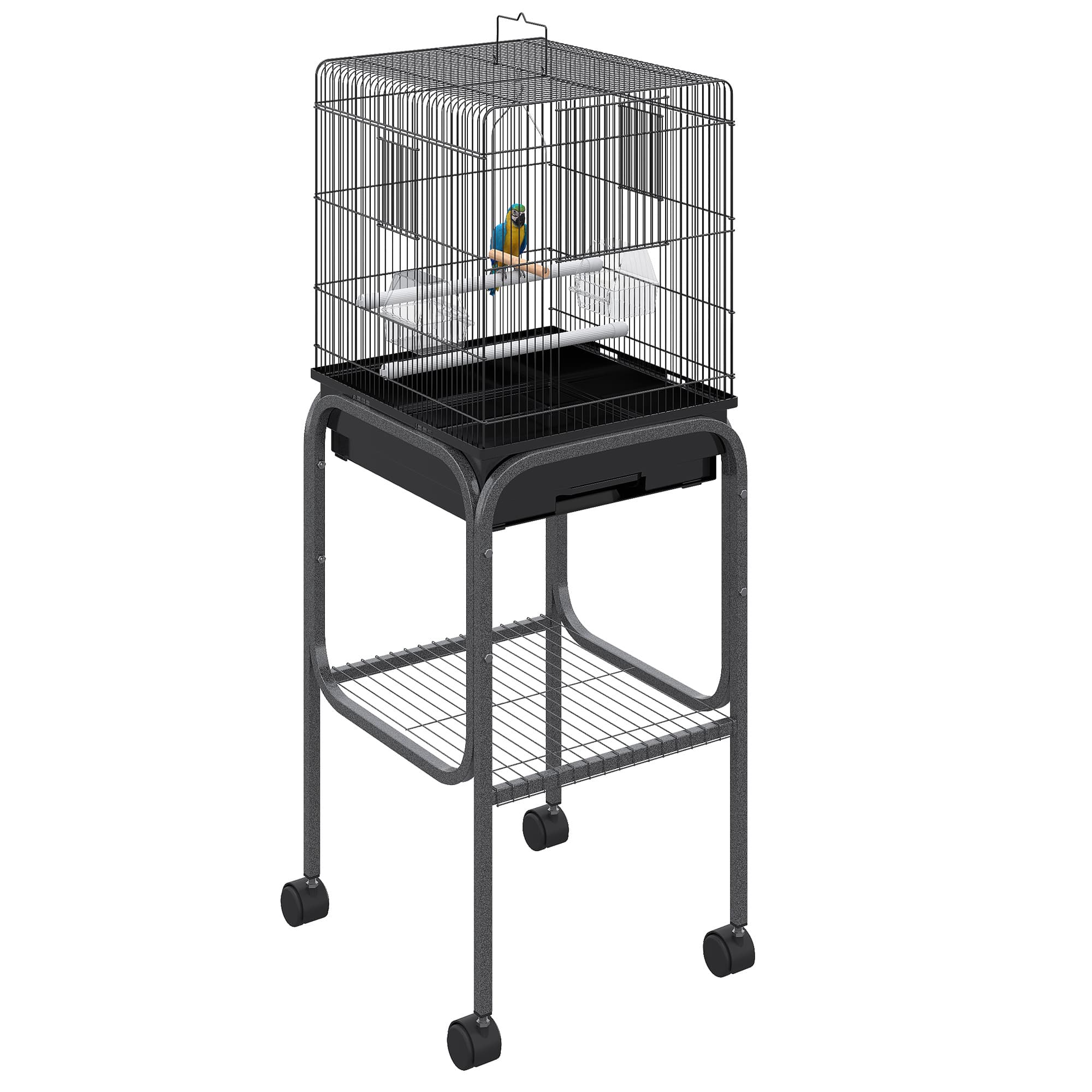 45-inch Metal Indoor Bird Cage, Parrot Cage, Bird Aviary with Detachable Rolling Stand, Storage Basket, and Accessories - Black
