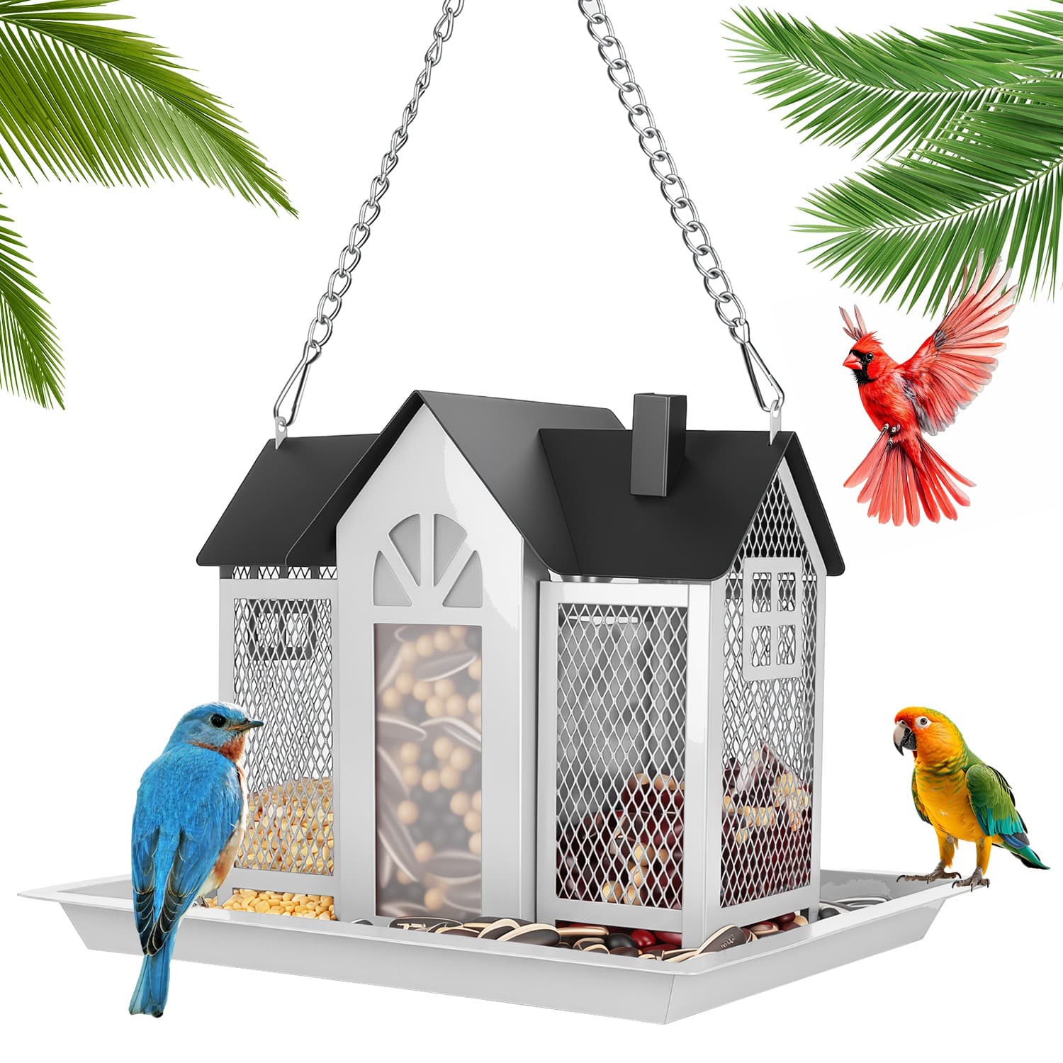 1Pc  Metal Hanging Bird Feeder House Classic Barn Bird Feeder House Iron Hanging Outdoor Feeder With Visible Window And Lift Top Lid 15.75in Hanging Length Wild Birds Garden Yard