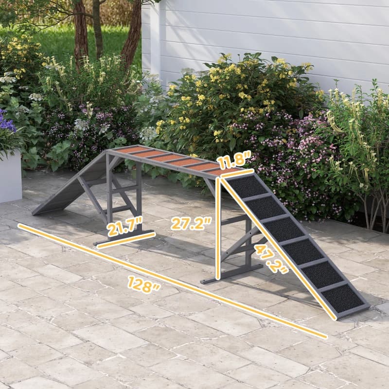 PawHut Dog Agility Equipment Ramp With Safety Bar, Non-slip Surface, For Walk And Pause Training, Gray