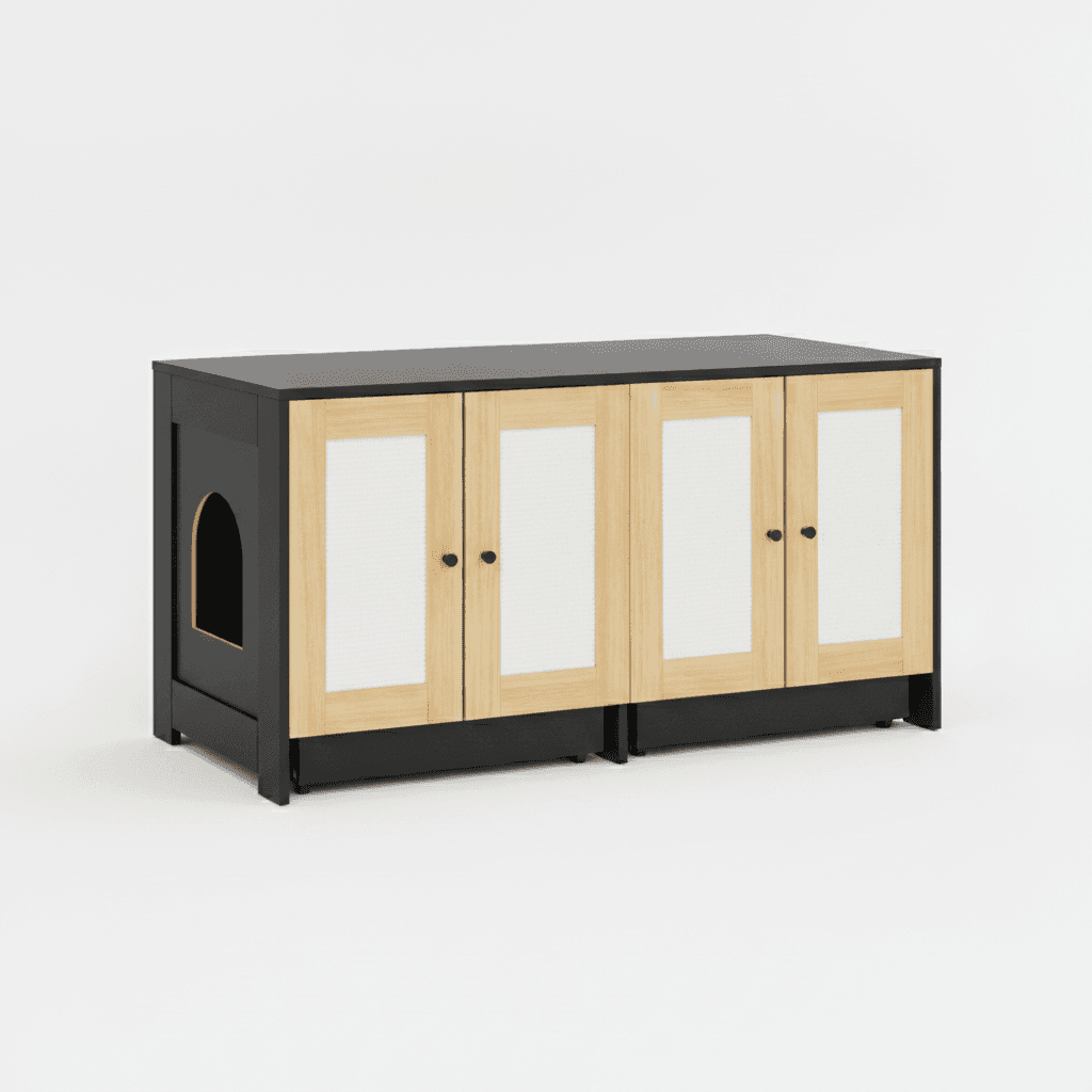 Double Litter Box Enclosure,Cat Litter Box Enclosure For 2 Cats, Hidden Litter Box Furniture With Rattan Doors, 47 L X 19.8 W X 21.8 H,Black